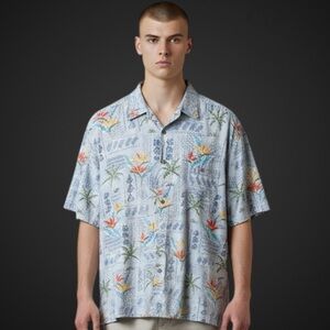 Island Shores Mens Floral Button Up‎ Shirt Size XL Blue 100% Cotton Vacation